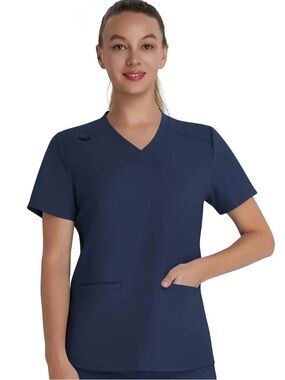 NEW QBK Women’s 2XL Navy Stretch Scrub Top V Neck 2 Pocket